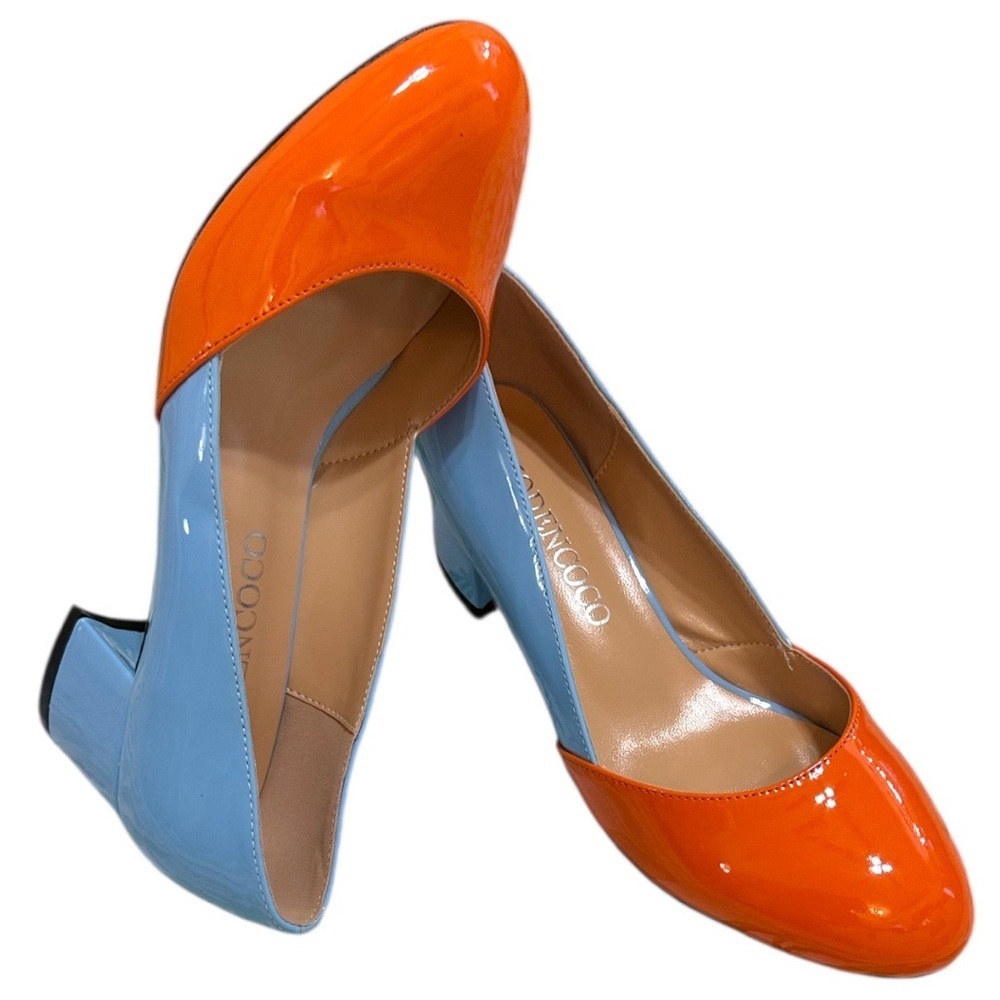 New MODENCOCO Women's Block Round Toe Slip On Patent Chunky Low Heel Pumps sz 7 - Picture 1 of 16